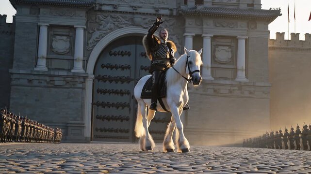 Rider on white horse leads procession. Soldier stands in guard formation. Armor and uniform are visible. Gate and castle arch form backdrop. Parade moves across cobbled courtyard. Sunlight on stone.