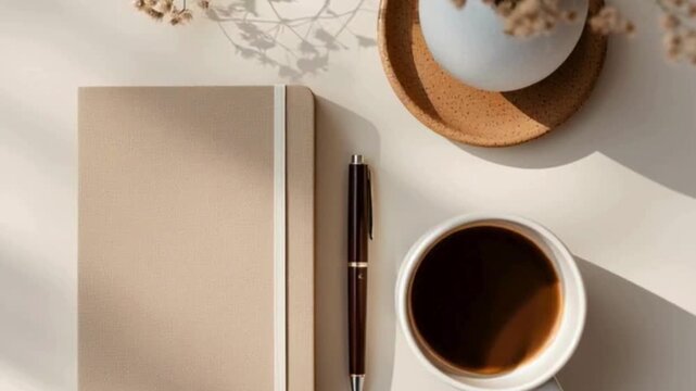 Cozy minimal workspace flat lay with coffee cup, notebook, and pen under natural morning sunlight. Perfect for lifestyle, business, productivity, and creative workspace visuals.