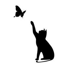 Silhouette of a Cat playing with a butterfly, a kitten plays with a flying butterfly. Flat vector illustration design isolated on white background.