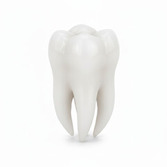 This is a high-key, 3D render or model of a human molar tooth, set against a clean white background. The tooth is depicted with an idealized, smooth, and pure white surface, 
