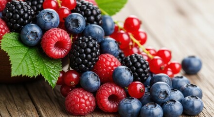 Fresh Berries on a Wooden Surface, Fruit, Blueberries, Raspberries