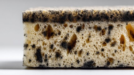 Close-up of a porous sponge with cream base and speckled black layer, creating a rough and textured surface