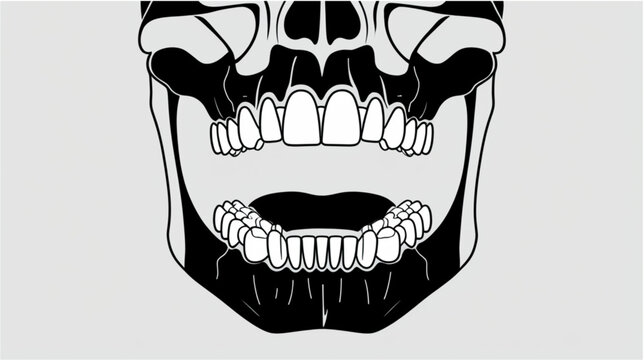 This graphic displays a frontal view of the lower human skull and dental arches, emphasizing the maxilla and mandible. The image shows a full set of teeth, with the mouth held open to separate 