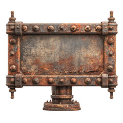 Close up of a heavily rusted metal sign with rivets and bolts on a black background in studio lighting