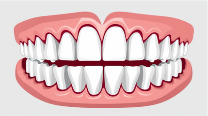 Obraz premium A stylized, cartoon-like illustration of a complete set of perfect human teeth (dentition) set within bright pink gums. The teeth are uniformly white, perfectly straight, and fully aligned, 
