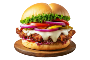 Milanesa chicken sandwich with beef lettuce, tomato, onions, pickles, and sauce isolated on white background, concept of fast food