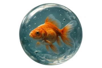 Goldfish swimming inside floating transparent water bubble, symbolizing freedom, change, and new concepts with a clear background