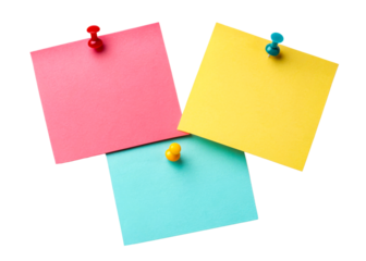 Three colorful sticky notes attached with pins