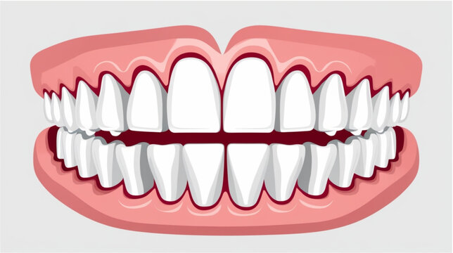 A stylized, cartoon-like illustration of a complete set of perfect human teeth (dentition) set within bright pink gums. The teeth are uniformly white, perfectly straight, and fully aligned, 