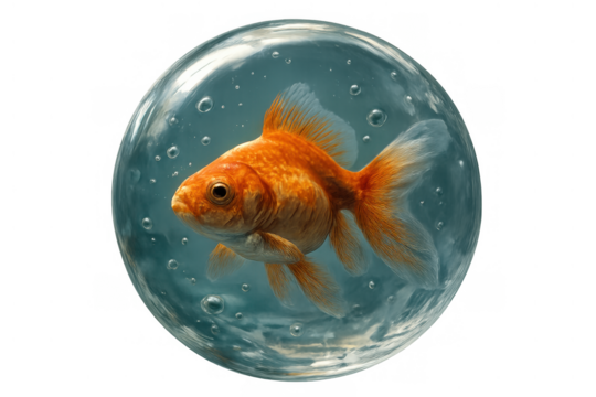 Goldfish swimming inside floating transparent water bubble, symbolizing freedom, change, and new concepts with a clear background - Powered by Adobe