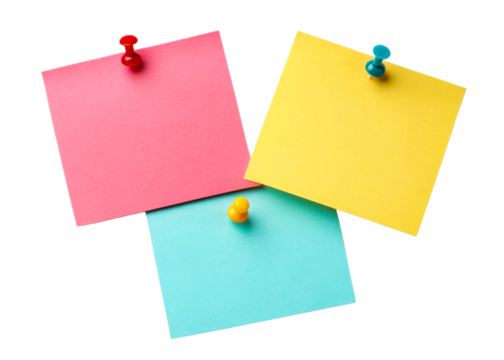 Three colorful sticky notes attached with pins