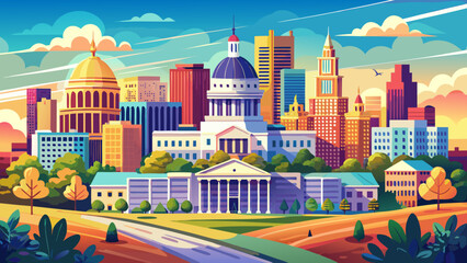 Obraz premium Very beautiful view of the Jackson, Mississippi, USA skyline featuring the State Capitol Building, modern downtown structures, warm natural light, and a realistic vibrant urban landscape.
