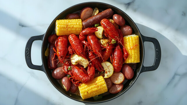 Authentic New Orleans Food Crawfish Boil in Cast Iron Pan