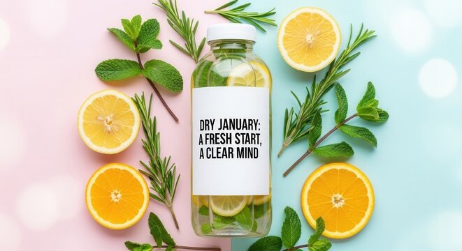 A refreshing bottle of citrus infused water surrounded by lemons, oranges, and mint leaves. Ideal for promoting health and wellness.