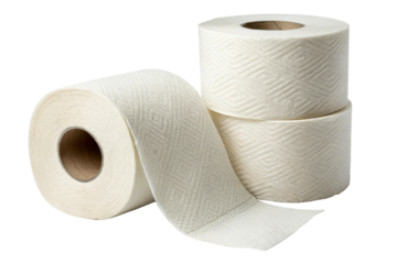 Three rolls of white toilet paper stacked and unrolled