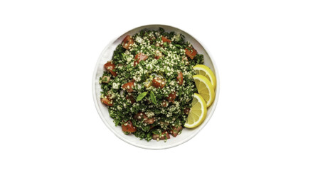 Fresh Tabouleh Salad with Lemon Slices on a White Plate Transparent