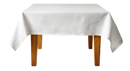 White fabric draped over table with wooden legs on transparent background