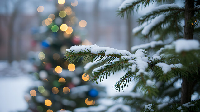 Snowy Christmas Trees with Colorful Bokeh Lights winter branch - Powered by Adobe