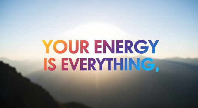 Inspirational quote displayed against a scenic mountain landscape with a bright sky and sunlight shining through, emphasizing positivity and motivation