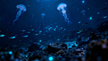 Mystical Underwater Realm: Illuminated jellyfish gracefully drift through the dark depths of the ocean. Shimmering schools of fish dance around the coral reefs