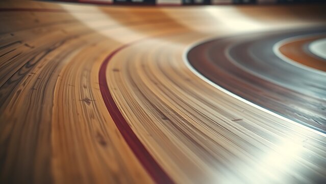 velodrome. Close-up of polished wooden velodrome track curve, spotlight on wood grain. event key visuals, club posters, designed for fitness apps and gym onboarding, used by fitness trainers.
 - Powered by Adobe