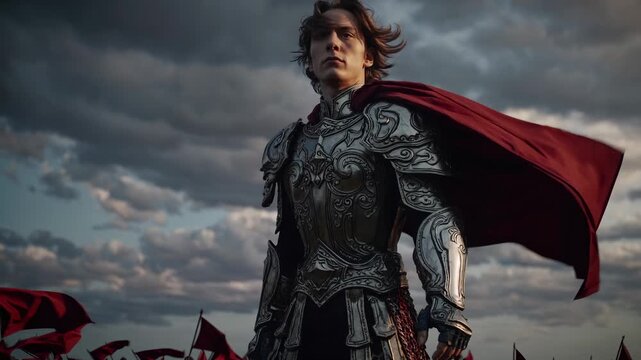Knight stands in ornate armor. Red cape billows behind warrior. Flag ripples across battlefield. Medieval hero surveys horizon. Fantasy soldier ready for battle. Stormy clouds fill dramatic skies.