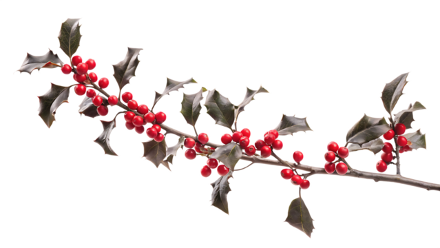 Holly Sprig with Red Berries and Jagged Green Leaves on branch winter isolated on a transparent background