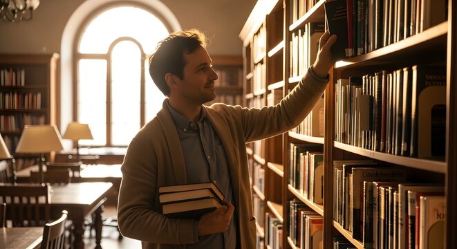 A young man in a library browsing books on a shelf while holding additional books in his hand, with warm lighting and a classic interior design