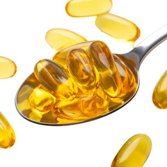 Yellow cod liver oil or fish oil capsules supplement isolated on white