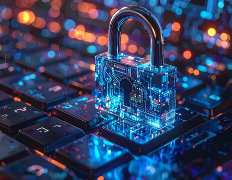Illuminated padlock over a keyboard representing digital security