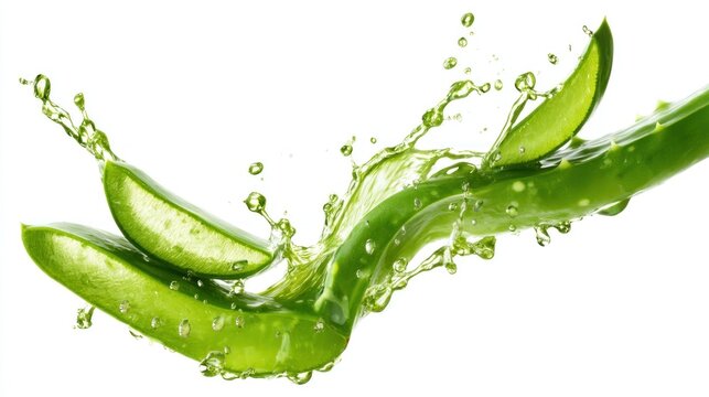Sliced aloe vera with splashing liquid, isolated on white background, creating a refreshing, natural composition