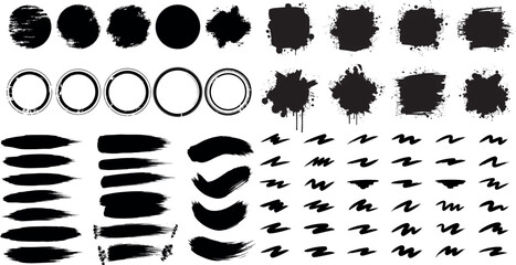 Collection of black ink brush strokes splatters and oval shapes for artistic design elements