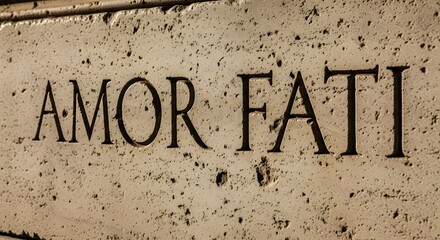 Close-up of a stone surface with engraved Latin words 'AMOR FATI' in bold letters, symbolizing the philosophical concept of embracing one's fate and destiny