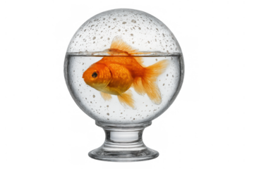 Goldfish swimming in a small round glass fishbowl with water, depicting confinement, isolation, and limited freedom on transparent background