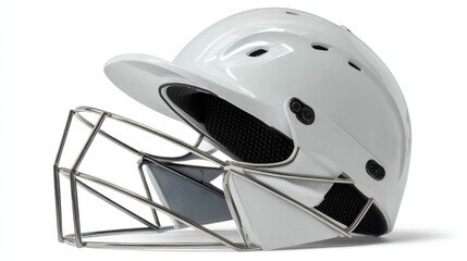 White cricket helmet with face guard, angled view