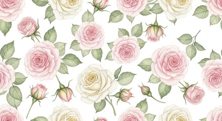 Floral pattern with pink  cream roses green leaves on white background