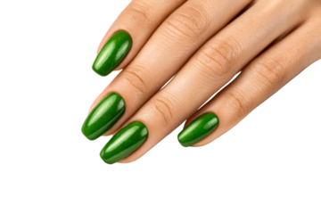 Hand with polished green nails on white fabric