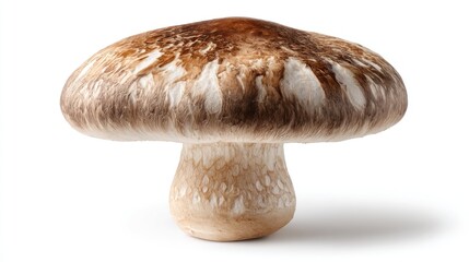 Brown-topped, short, stocky mushroom with textured stem, isolated on white