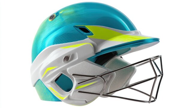 Side view of a light blue, white, and neon yellow cricket helmet with a cage visor on a white background