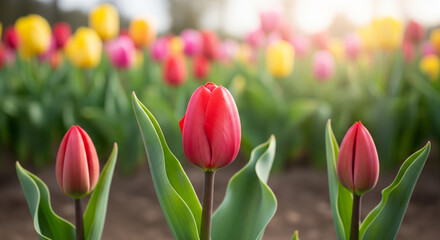 Vibrant Red Tulips Blooming in a Spring Garden with Colorful Background