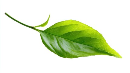 Obraz premium A bright green leaf with a curved stem on a clean white background, with details of the veins. Tiny sprout visible