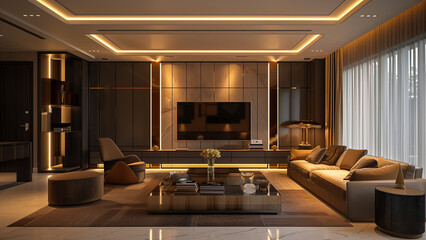 Classic-style living room with luxury wooden furniture, gold lighting, and marble walls &mdash; digital visualization