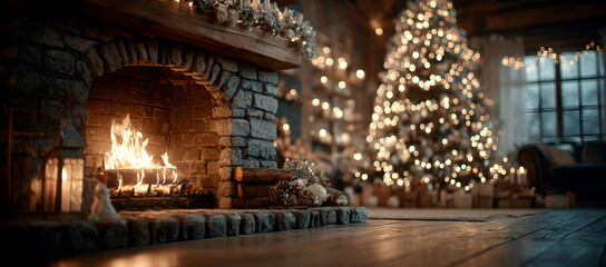 Fototapeta premium Christmas Tree with Decorations Near a Fireplace with Lights