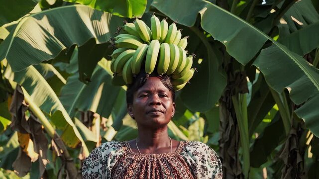 Woman carry banana harvest on head. Farmer work in agriculture and tropical plantation. Produce destined for market and trade. Portrait shows rural livelihood and balance. Useful for market promotion.