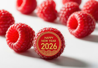 Festive Happy New Year 2026 Raspberry Sticker Badge on Ripe Fruit for Celebration and Greetings on White