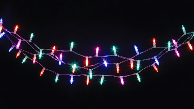 String of Colorful Christmas Lights on Black Background Keywords: Christmas lights, string