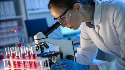 Female scientist using a microscope