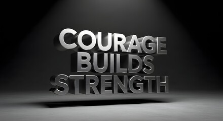Three-dimensional metallic words displaying the motivational message 'Courage Builds Strength' on a dark background with dramatic lighting effects