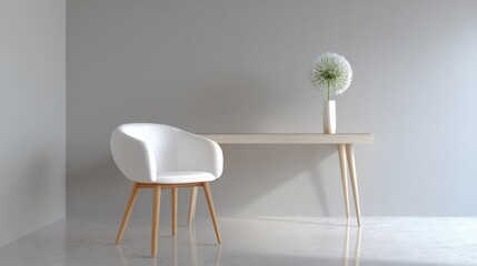 Modern and minimalistic interior design of a room with a white wall and floor. on the left side of the image, there is a white chair with wooden legs and a curved backrest.