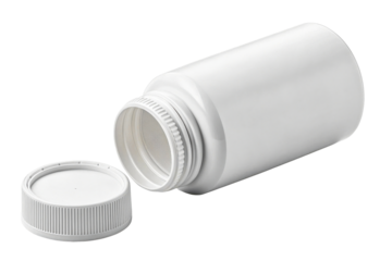 Opened White Plastic Pill Bottle With Cap Beside